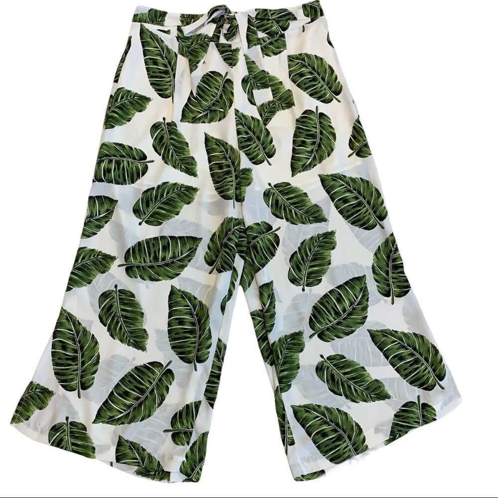 Sage & Citrus green leaf tropical wide leg cropped pants Sz XL